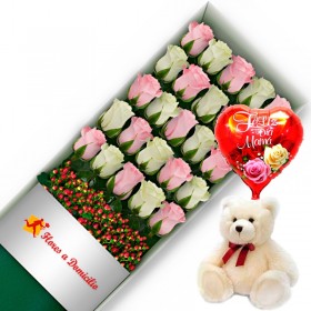 OFERTA DE CAJA CON 24 ROSAS ROSADAS Y BLANCAS + PELUCHE Y GLOBO TE AMO CAJA CON 24 ROSAS ROSADAS Y BLANCAS + PELUCHE Y GLOBO DÍA DE LA MADRE