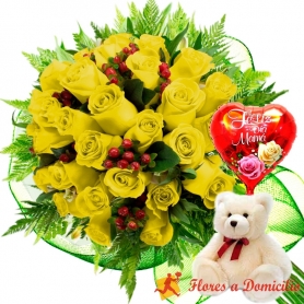 Ramo 24 Rosas Amarillas más Globo día de la Madre y Peluche