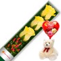 CAJA CON 3 ROSAS AMARILLAS + PELUCHE Y GLOBO DÍA DE LA MADRE