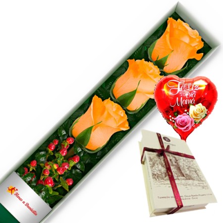 CAJA CON 3 ROSAS DAMASCO + CHOCOLATE Y GLOBO DÍA DE LA MADRE