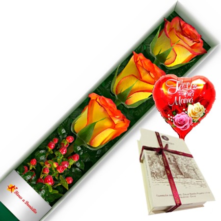 CAJA CON 3 ROSAS CIRCUS + CHOCOLATE Y GLOBO DÍA DE LA MADRE