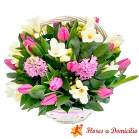 Canastillo Mediano con 10 Tulipanes más flores Mix