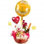 Cesta para Aniversario con florero de 3 rosas Champagne Peluche Chocolates Globos mediano y grande