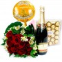 Ramo de 12 Rosas Rojas para Aniversario Más Champagne Bombones y Globo.