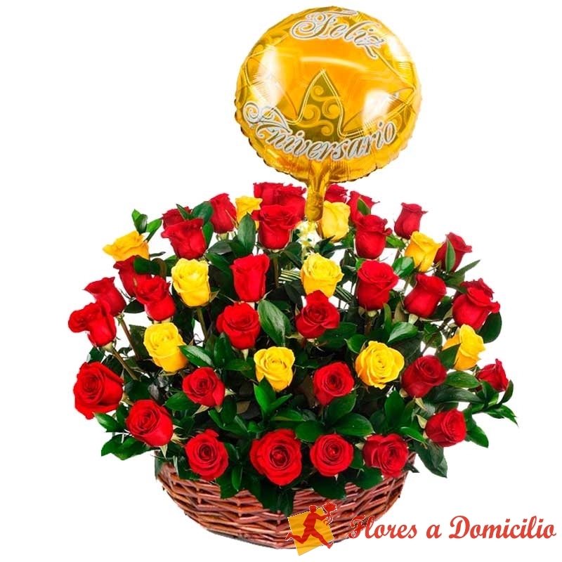 Canastillo de Flores con 40 Rosas Rojas y amarillas para Aniversario más  Globo - FLORES A DOMICILIO