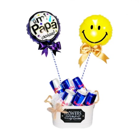 Cubeta Metálica con 6 Energéticas Red Bull y 2 Globos para el Día del padre