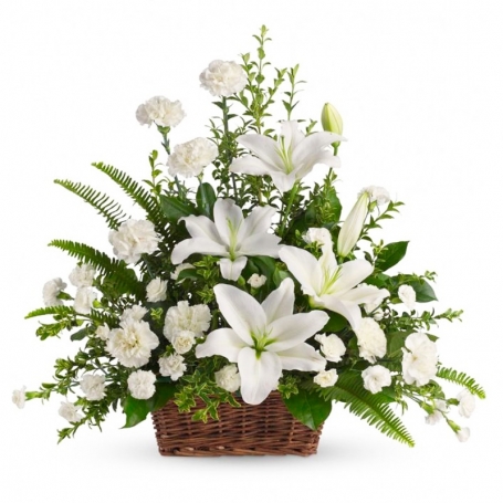 Canastillo de Condolencias Arrimo Triangular Flores Mix Blancas