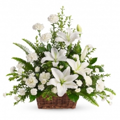Canastillo Mediano de Condolencias Arrimo Triangular Flores Mix Blancas
