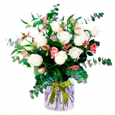 Florero 12 Rosas Blancas y Astromelias
