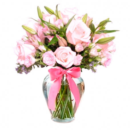 Florero con 10 Rosas y Flores en Tonos Rosados + Liliums y Mini Rosas