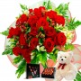 Oferta Ramo 24 Rosas Rojas + Chocolate Gragea Varsovienne y Peluche