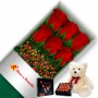 OFERTA CAJA DE 6 ROSAS ROJAS MAS PELUCHE Y CHOCOLATE GRAGEA