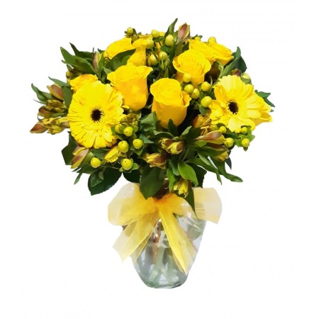 Florero de 12 rosas Amarillas mas Gerberas Hipericos y Astromelias
