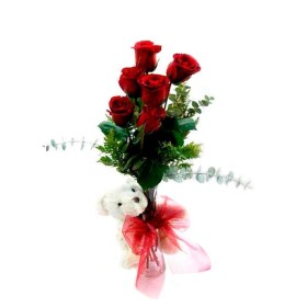 Florero 6 Rosas Rojas + Peluche Florero 6 Rosas Rojas + Peluche