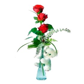 Florero 3 Rosas Rojas + Peluche Florero 3 Rosas Rojas + Peluche