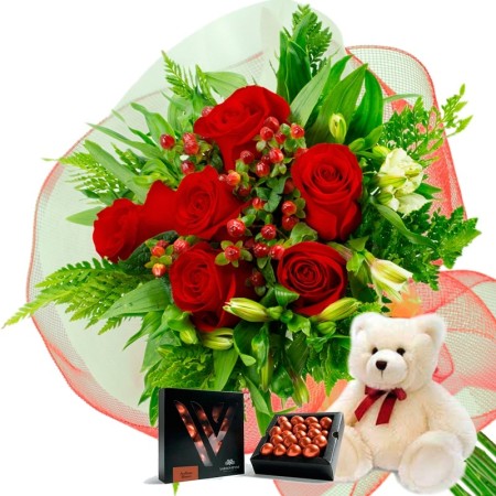 Oferta Ramo 6 Rosas Rojas + Chocolate Gragea Varsovienne y Peluche