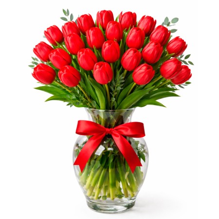 Florero Con 30 Tulipanes Color Rojos