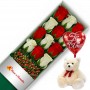 OFERTA DE CAJA CON 12 ROSAS ROJAS Y BLANCAS + PELUCHE Y GLOBO