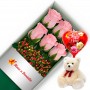 CAJA CON 6 ROSAS ROSADAS MAS PELUCHE Y GLOBO DÍA DE LA MADRE