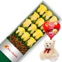 CAJA CON 12 ROSAS AMARILLAS + PELUCHE Y GLOBO DÍA DE LA MADRE